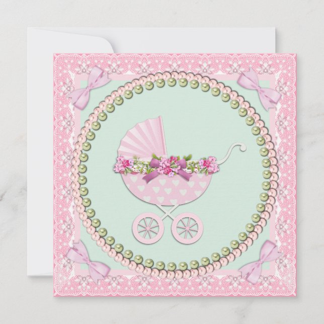 Pretty Pearl Pink and Green Baby Shower Invitation (Front)
