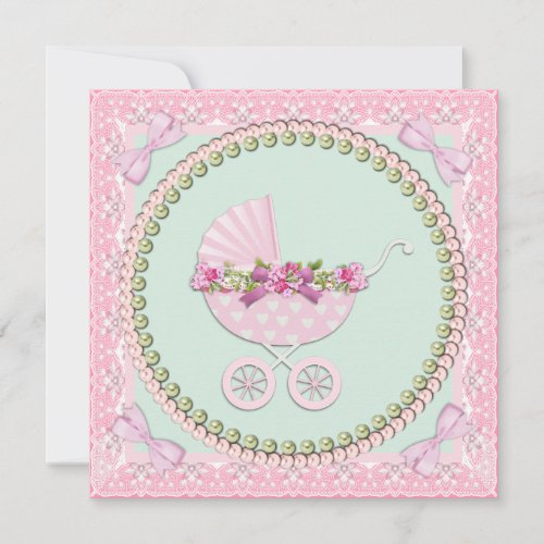 Pink and Green Carriage Baby Shower Personalized Announcements