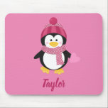 Pretty Penguin Mouse Pad<br><div class="desc">Shop Homeschool Me for a trendy mouse pad.  There is a cute penguin wearing a pink hat with a scarf holding a pink heart.  With a pink background,  your name is written underneath the penguin in pink cursive font,  personalize yours today!</div>