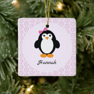 Pretty Penguin with Floral Background Ceramic Ornament
