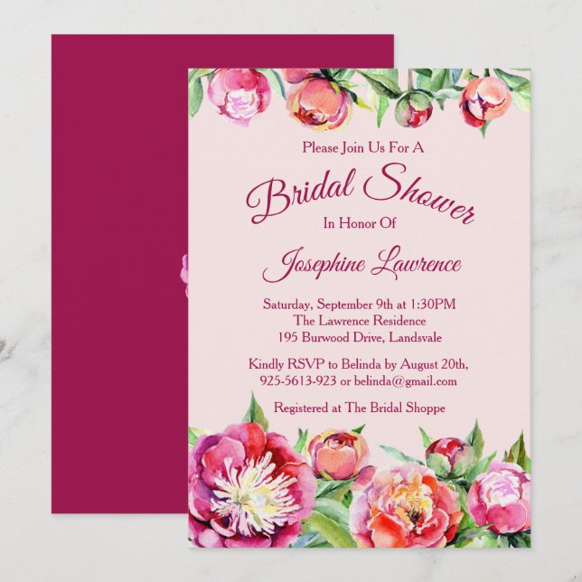 Pretty Peonies Floral Bridal Shower Invitations (Front/Back)
