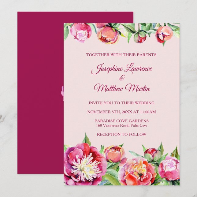 Pretty Peonies Floral Wedding Invitations (Front/Back)