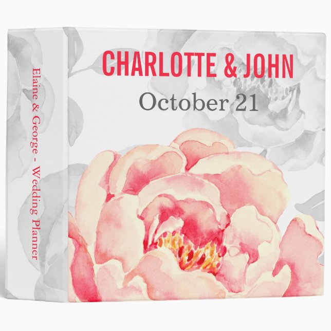 Pretty Peonies Modern Floral wedding Planner 3 Ring Binder (Front/Spine)