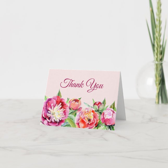 Pretty Peonies Watercolor Floral Thank You Card (Front)