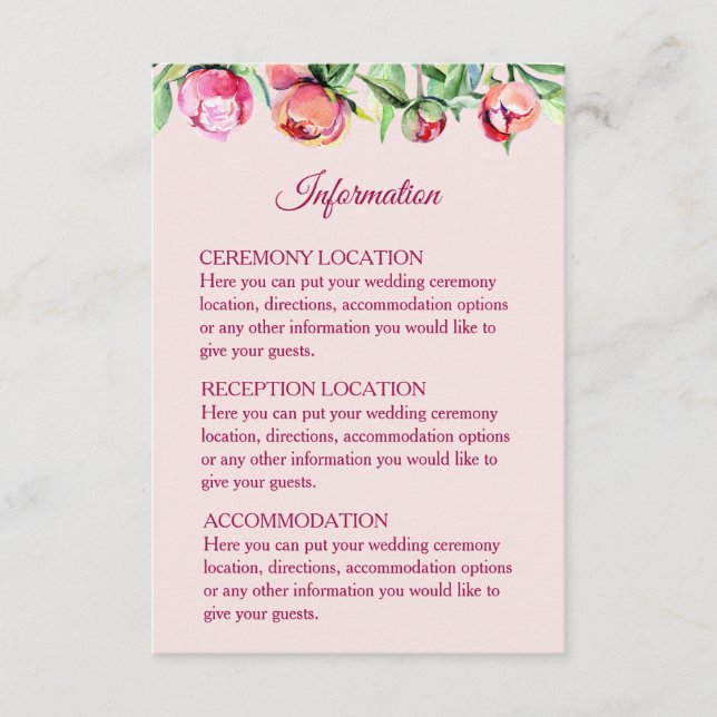 Pretty Peonies Wedding Information Cards (Front)