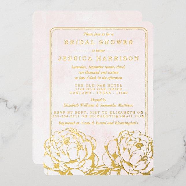 Pretty Peony Floral Bridal Shower Real Foil Invitation (Front/Back)
