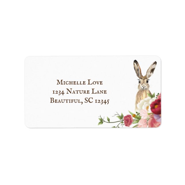 Pretty Peony Flowers and Bunny Rabbit Address Label (Front)