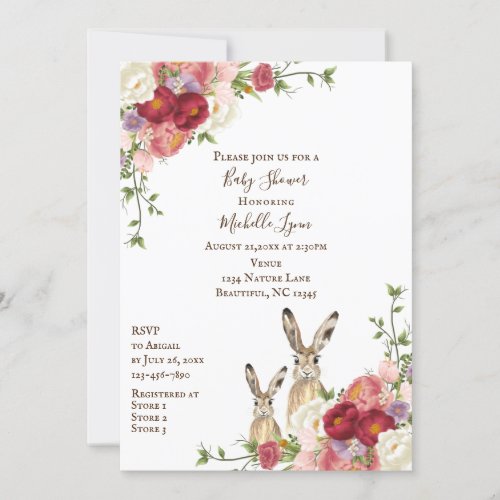 Pretty Peony Flowers and Bunny Rabbit Baby Shower Invitation