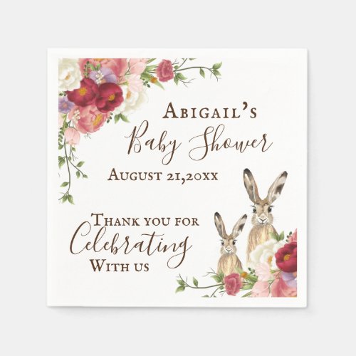 Pretty Peony Flowers and Bunny Rabbit Baby Shower Napkins