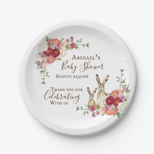 Pretty Peony Flowers and Bunny Rabbit Baby Shower Paper Plates