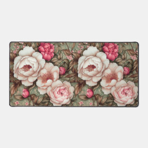 Pretty Peony Pink & Green Vintage Floral Pattern Desk Mat
