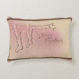Pretty Peppermint Pink Vintage Christmas Postcard Accent Pillow