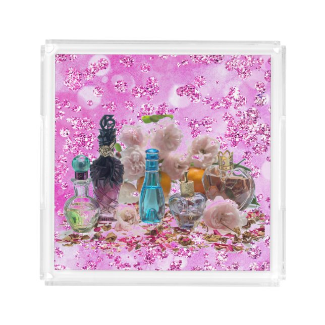 Pretty Perfume Bottles & Roses Pink Bokeh Bling Acrylic Tray (Front)