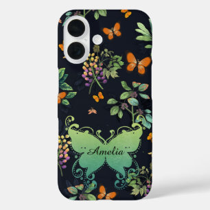 Pretty Personalised Dark Floral Butterfly Pattern iPhone 16 Case