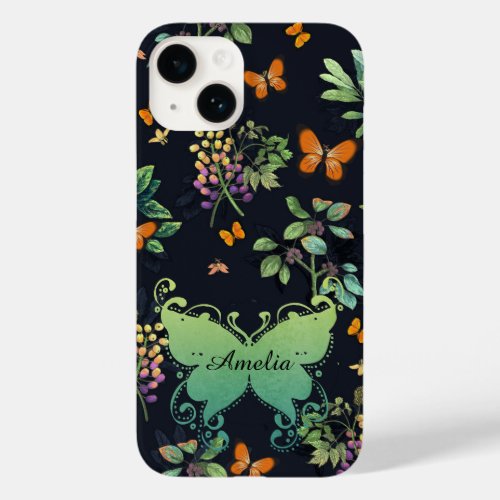 Pretty Personalised Dark Floral Butterfly Pattern Case_Mate iPhone 14 Case
