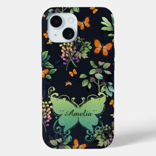 Pretty Personalised Dark Floral Butterfly Pattern iPhone 15 Case