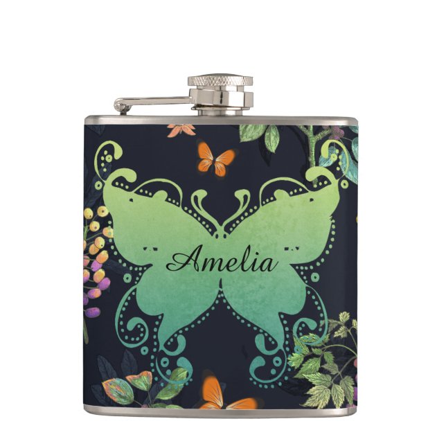 Pretty Personalised Dark Floral Butterfly Pattern Flask (Front)
