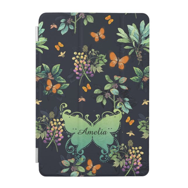 Pretty Personalised Dark Floral Butterfly Pattern iPad Mini Cover (Front)