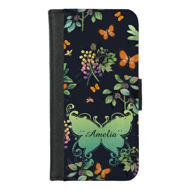 Pretty Personalised Dark Floral Butterfly Pattern iPhone Wallet Case (Front)