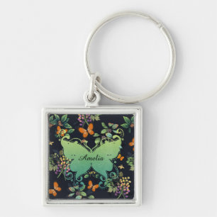 Pretty Personalised Dark Floral Butterfly Pattern Keychain