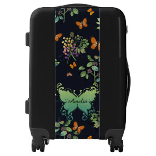 Pretty Personalised Dark Floral Butterfly Pattern Luggage