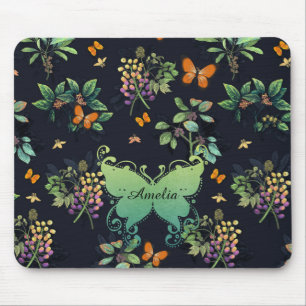 Pretty Personalised Dark Floral Butterfly Pattern Mouse Pad