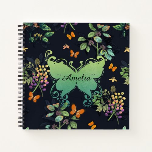 Pretty Personalised Dark Floral Butterfly Pattern Notebook