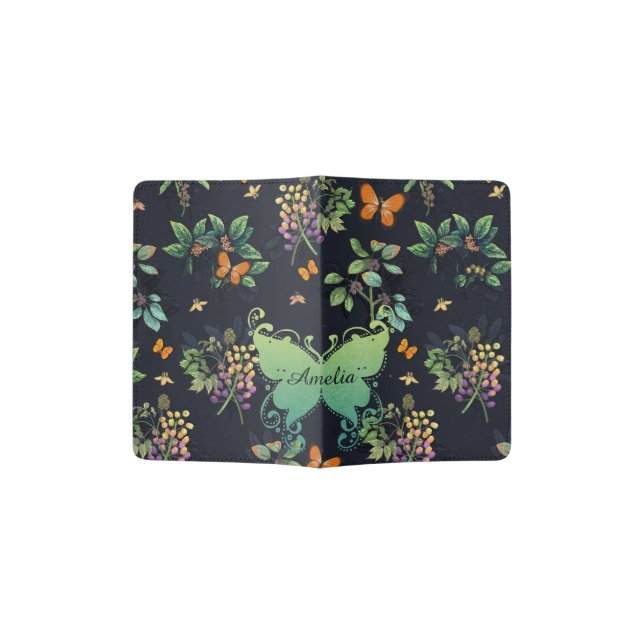 Pretty Personalised Dark Floral Butterfly Pattern Passport Holder (Opened)