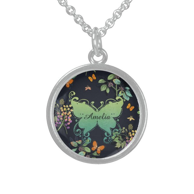 Pretty Personalised Dark Floral Butterfly Pattern Sterling Silver Necklace (Front)