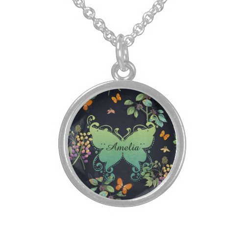 Pretty Personalised Dark Floral Butterfly Pattern Sterling Silver Necklace