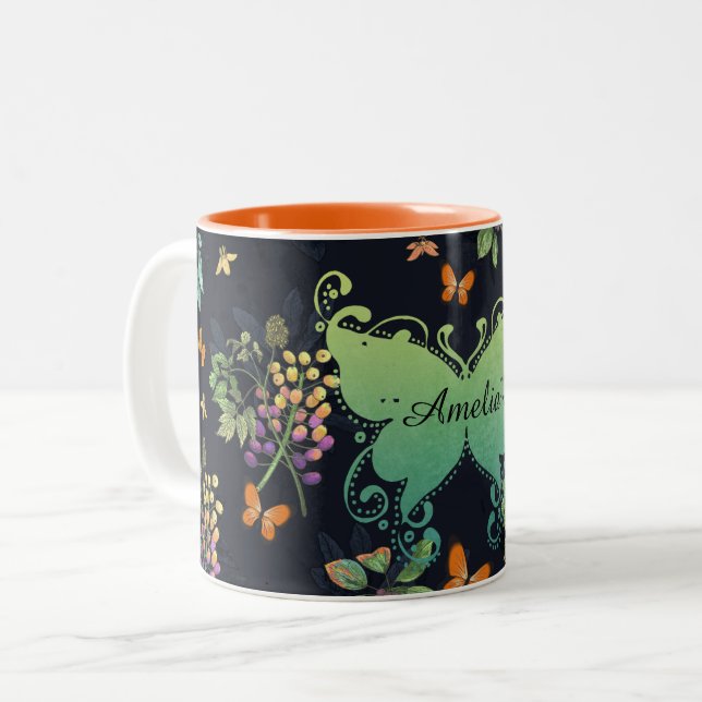 Pretty Personalised Dark Floral Butterfly Pattern Two-Tone Coffee Mug (Front Left)