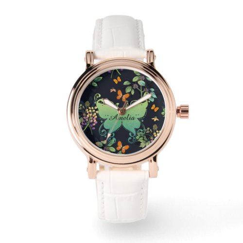 Pretty Personalised Dark Floral Butterfly Pattern Watch