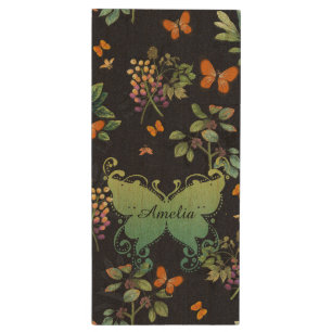 Pretty Personalised Dark Floral Butterfly Pattern Wood Flash Drive
