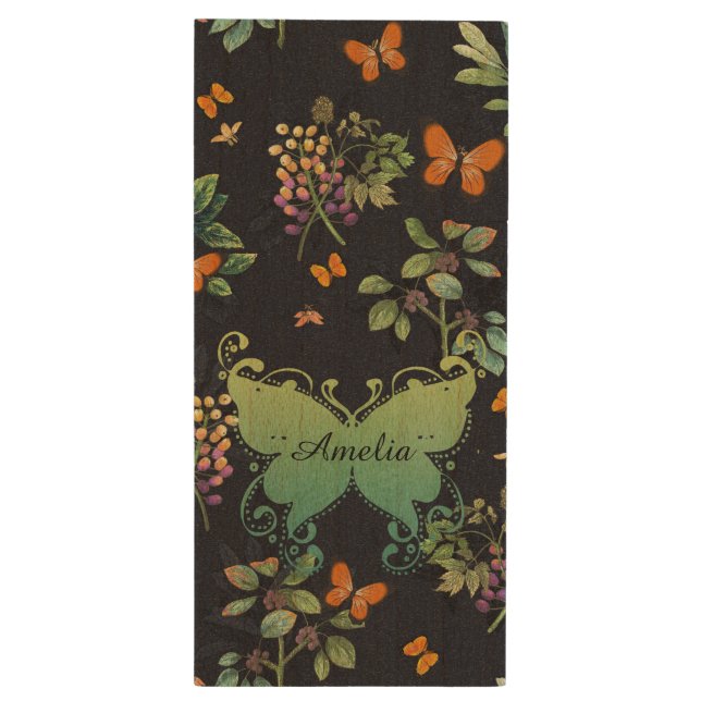 Pretty Personalised Dark Floral Butterfly Pattern Wood Flash Drive (Back (Vertical))