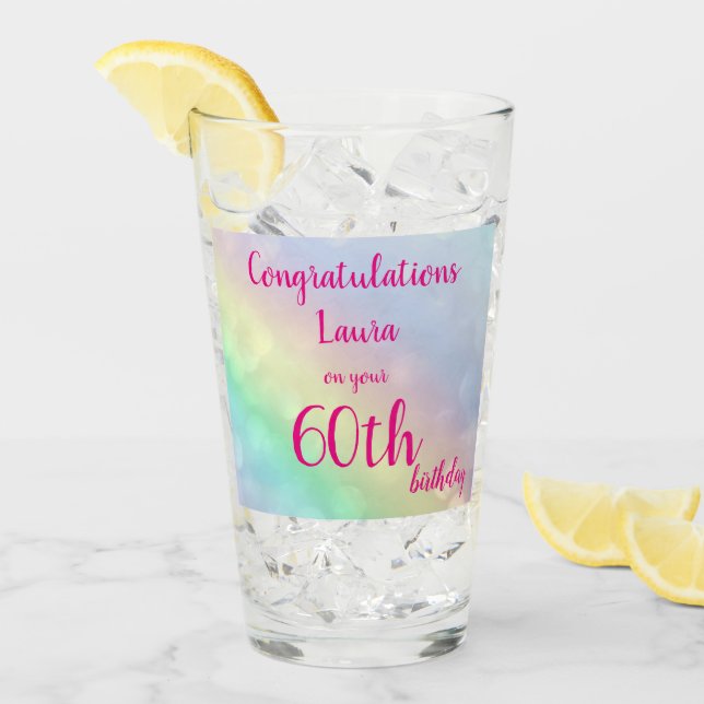 Pretty personalised Happy 60th  Birthday Glass (Front Ice)