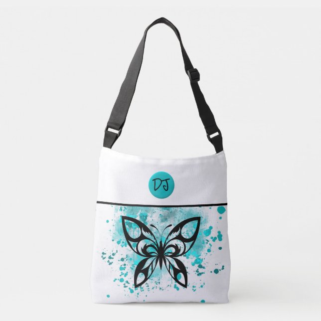 Pretty Personalized Aqua White Butterfly Tote Bag (Front)