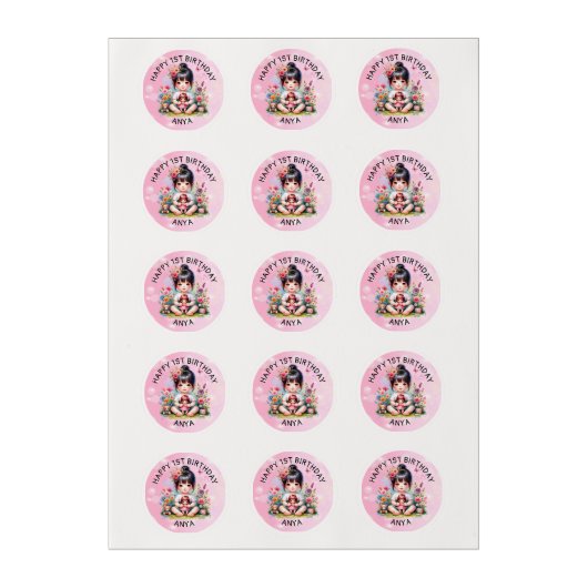 Pretty Personalized Asian Girl and Doll Birthday Edible Frosting Rounds (Sheet)