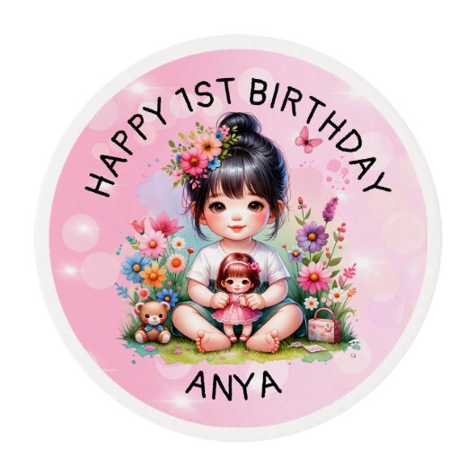 Pretty Personalized Asian Girl and Doll Birthday Edible Frosting Rounds (Front)
