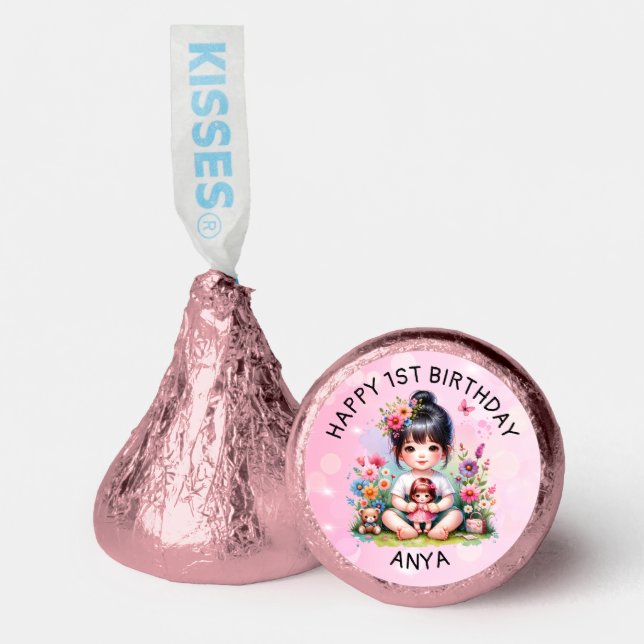 Pretty Personalized Asian Girl and Doll Birthday Hershey®'s Kisses® (Front)