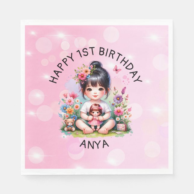 Pretty Personalized Asian Girl and Doll Birthday  Napkins (Front)