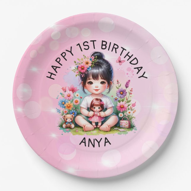 Pretty Personalized Asian Girl and Doll Birthday  Paper Plates (Front)
