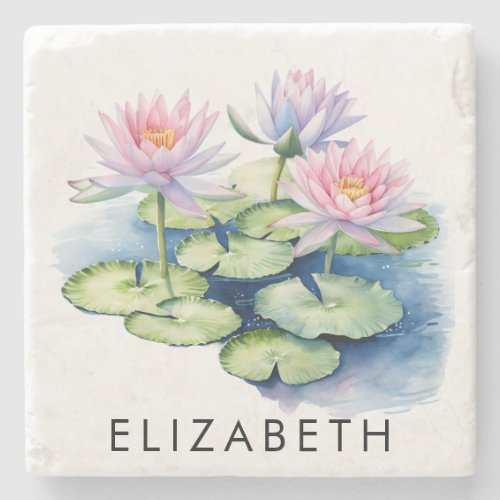 Pretty Personalized Birth Month Flower Custom Name Stone Coaster