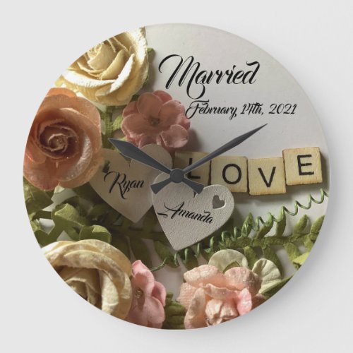 Pretty Personalized Bride  Groom Floral Married Large Clock