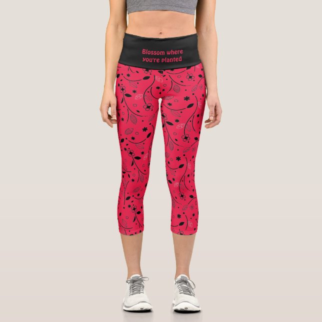Pretty | Personalized | Crimson Red | Floral Print Capri Leggings (Front)