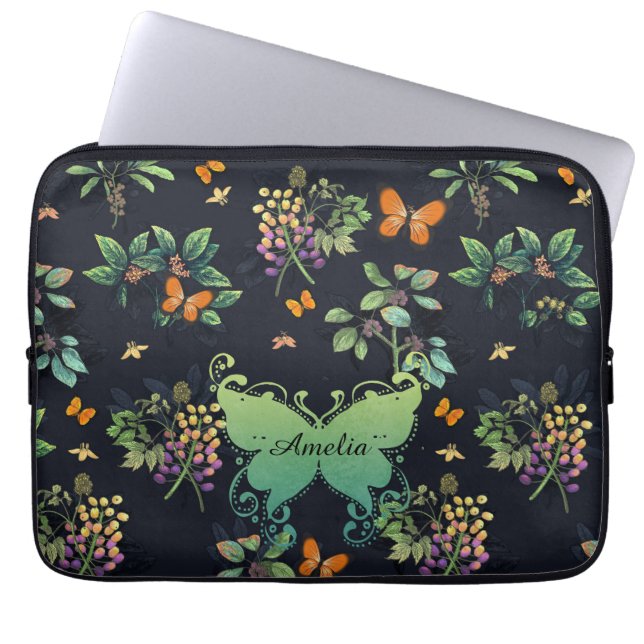 Pretty Personalized Dark Floral Butterfly Pattern Laptop Sleeve (Front)