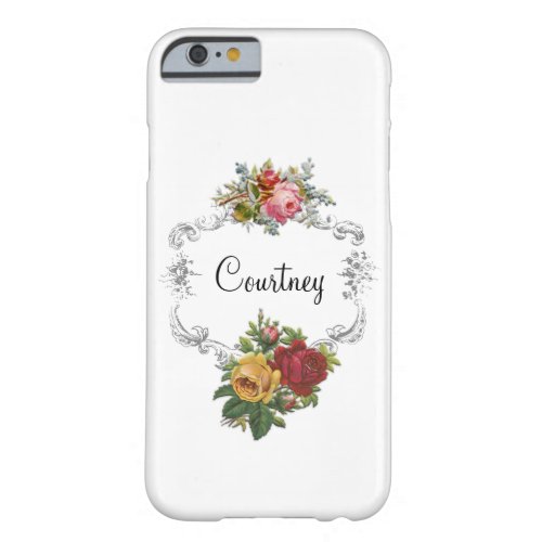 Pretty Personalized French Roses and Elegant Frame Barely There iPhone 6 Case