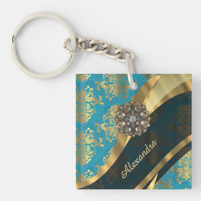 Pretty personalized girly aqua damask pattern keychain (Front)