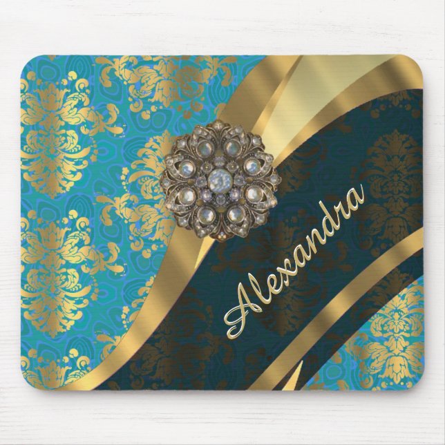 Pretty personalized girly aqua damask pattern mouse pad (Front)