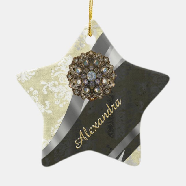 Pretty personalized girly cream damask pattern ceramic ornament (Front)