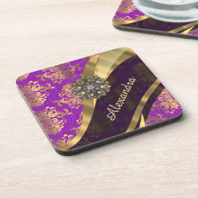 Pretty personalized girly purple damask patten coaster (Left Side)